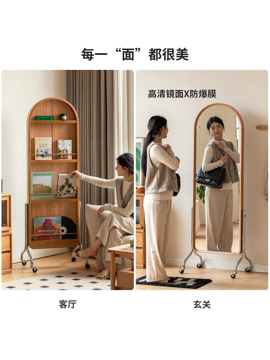 【预售18天】实木穿衣镜卧室复古全身镜杂志架一体樱桃木试衣镜